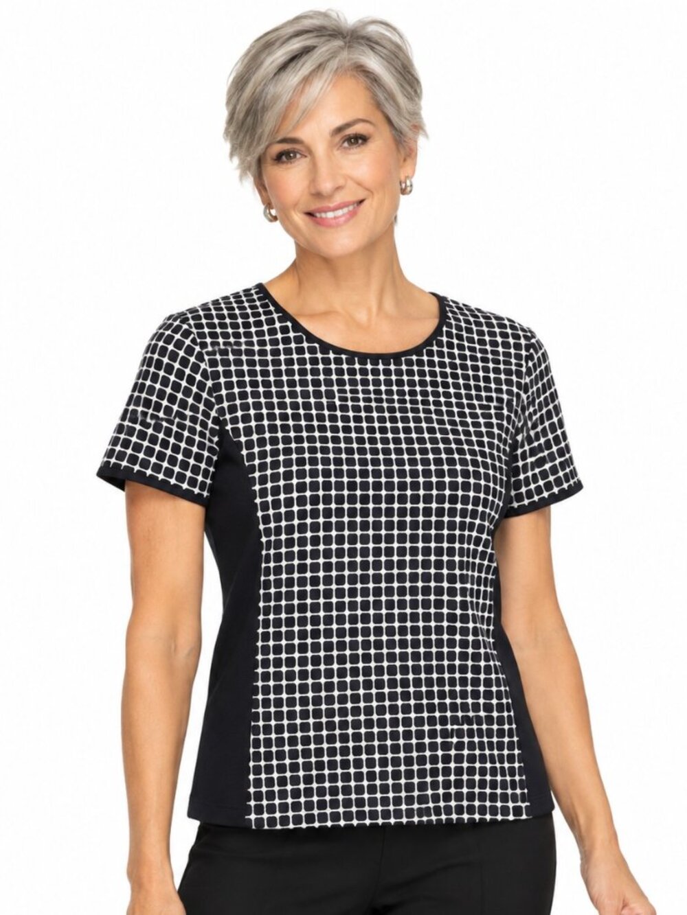 Vince Camuto Black White Square Dot Print Top